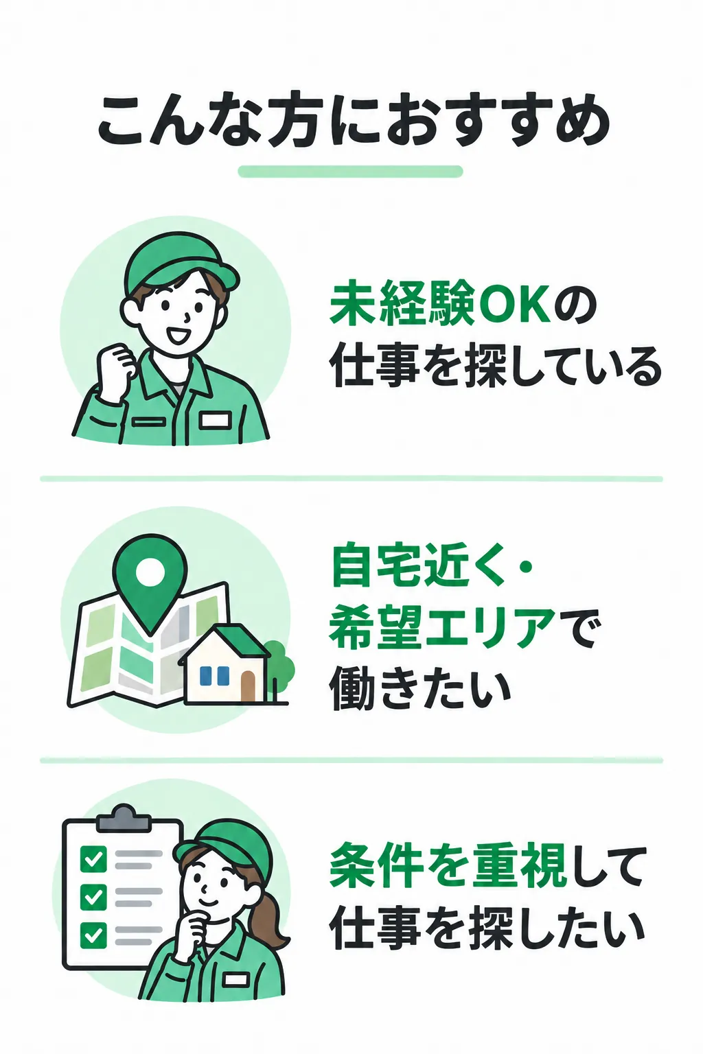 未経験OKの仕事を探している方、自宅近く・希望エリアで働きたい方、条件を重視して仕事を探したい方におすすめです。