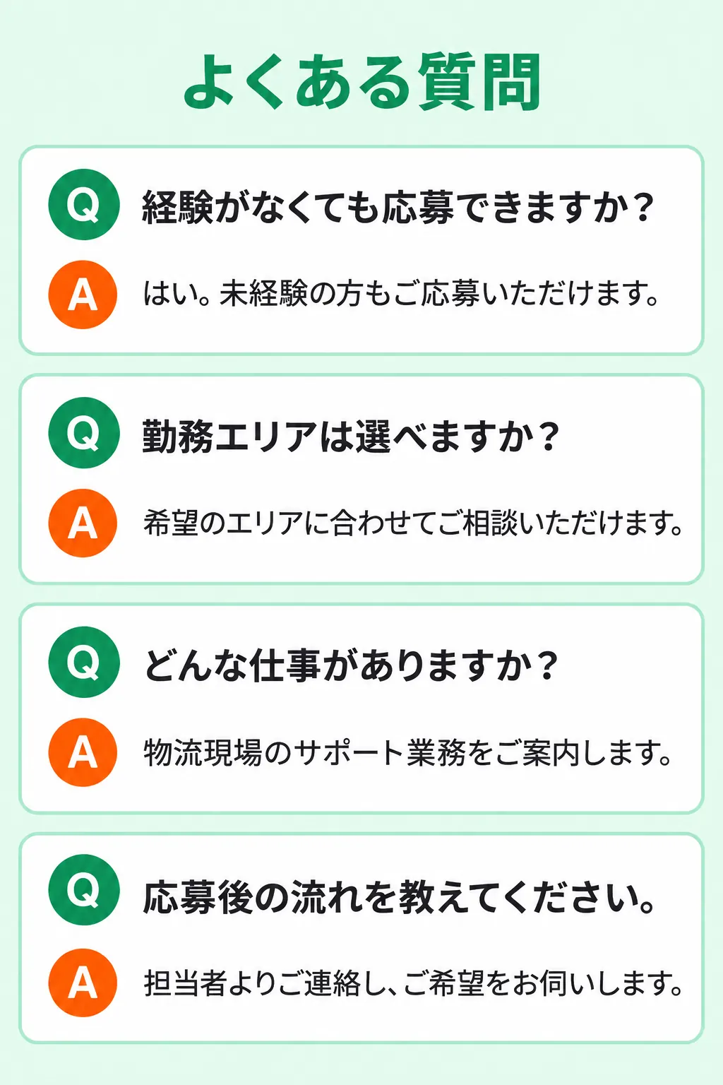 未経験の方も応募可能で、希望エリアや仕事内容について相談できることを案内するよくある質問。